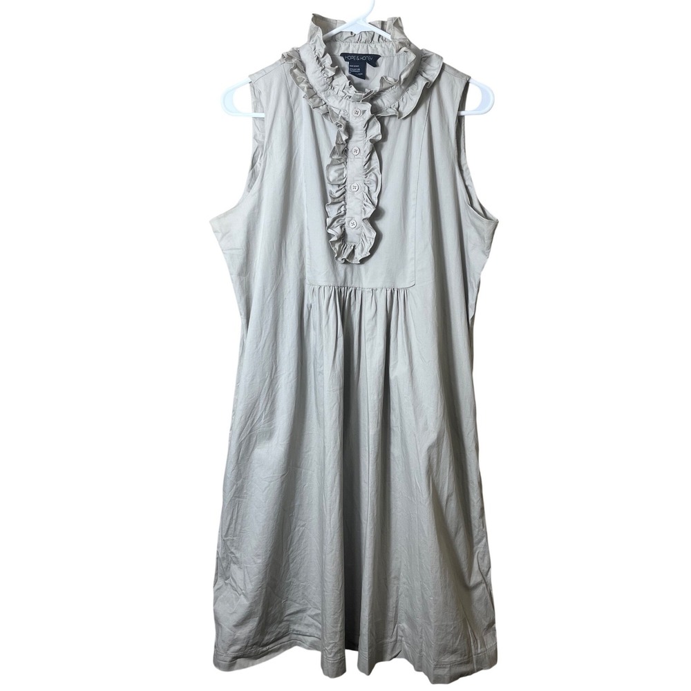 Hope & Honey Khaki‎ Beige Ruffle Neck Sleeveless Cotton Shift Dress Size 16 Boho